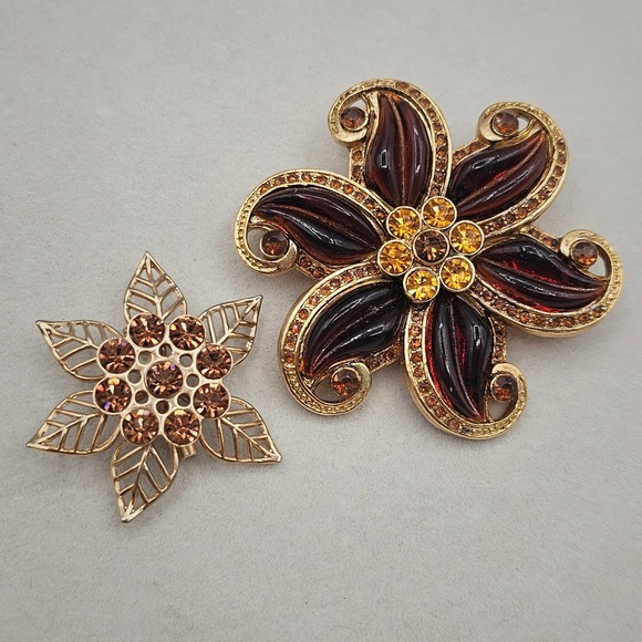 Jewelry - Floral Brooch 2pc Rhinestone Gold Tone Brown Rootbeer Lucite Lot Pins Autumn